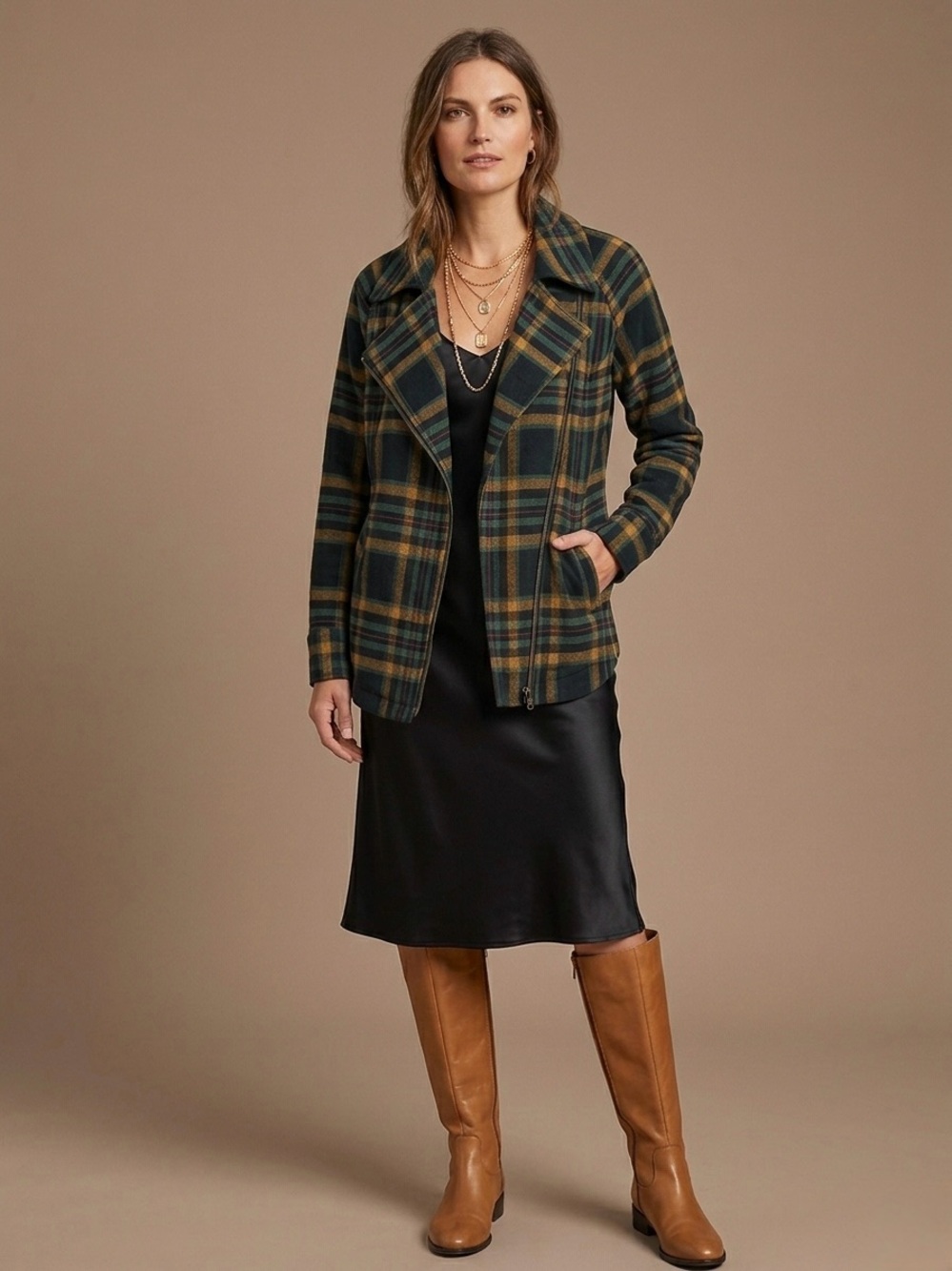 CAbi Moto Plaid Zip-Front Jacket in Black, Green, Gold Fall Brass Buttons M